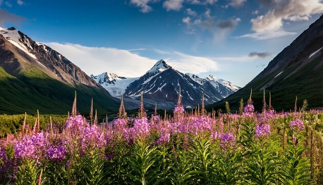 Alaska Mountains And Fireweed