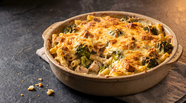 A delicious homemade chicken broccoli ziti casserole dish served hot in a rustic ceramic bowl on a dark stone surface
