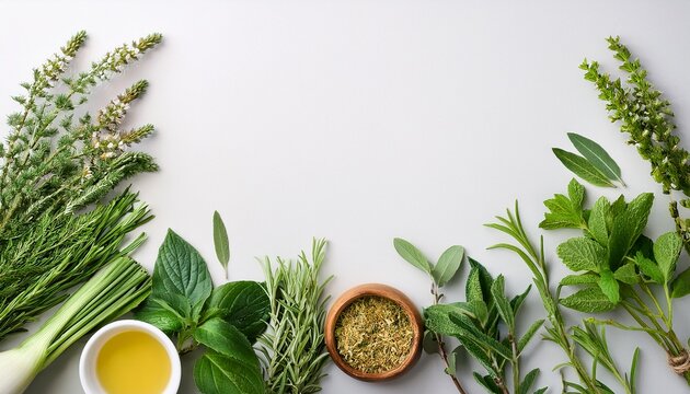 Fresh Medicinal And Aromatic Herbs On Light Background With Copy Space Flat Lay