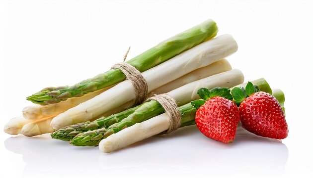 White And Green Asparagus And Strawberries Isolated
