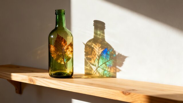 Green glass bottle with autumn leaves decoration