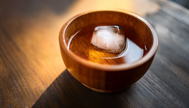 Wooden Cup With Amber Shochu And Clear Ice Cube In Soft Light