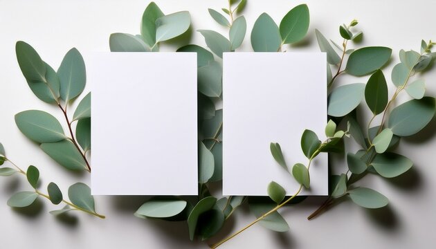 Two Blank White Paper Cards Displayed Side By Side Surrounded By Delicate Green Eucalyptus Branches On A Clean White Surface