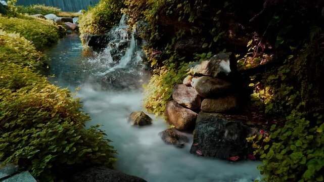 Peaceful mini waterfall cascades over green mossy stones in a tranquil Japanese garden