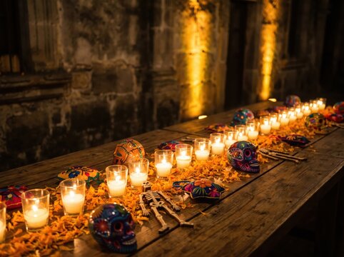 Wooden table adorned with colorful sugar skulls, marigold petals, small skeletons, and lit candles against rustic stone wall background