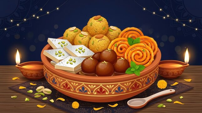 Assorted Traditional Indian Sweets Mithai Platter for Diwali Festival Celebration with Diya Lamps and Decorative Background