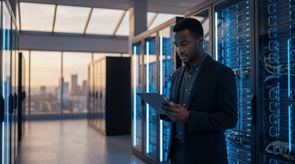 Fototapeta premium Data Center Engineer Working With Server and Network Equipment