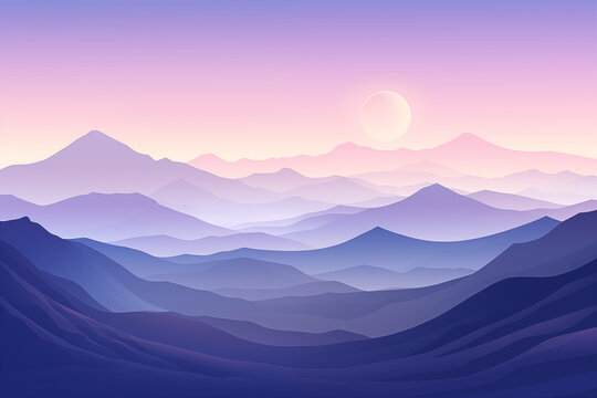 Minimalist silhouette of mountains during sunset in purple hues  
