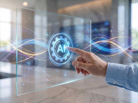 Hand interacting with futuristic transparent screen displaying AI gear icon surrounded by glowing blue and gold data streams in modern office setting