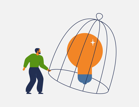 businessman lifts cage containing bright idea, lightbulb. Concept of Unleash creativity, realization of potential, breaking boundaries, removing limitations, innovation. Vector illustration