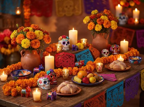 Day of the dead altar with marigolds, sugar skulls, candles, pan de muerto, and papel picado on rustic wooden table