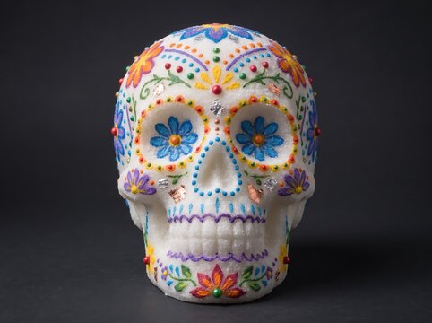 Colorful sugar skull with floral patterns and metallic accents on dark background, day of the dead decoration