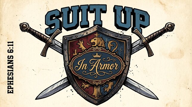 Illustrated knight's shield and sword crossed, bold text "SUIT UP" above, "In Armor" cursive inside oval badge, cream background, comic ink shading, "Ephesians 6:11" vertical text.