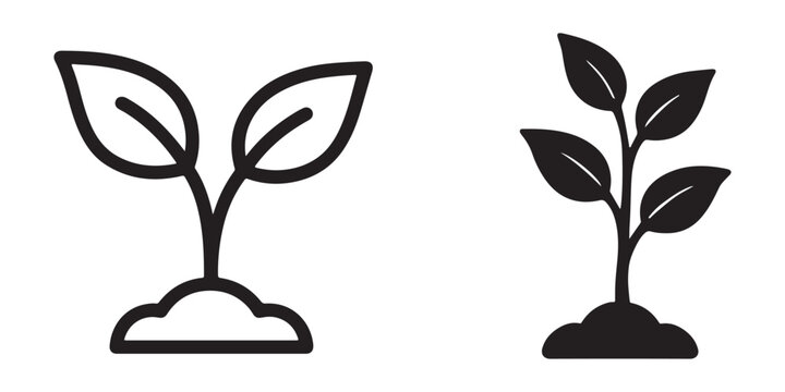 Minimalist vector icons of young green sprouts growing in soil isolated on white background