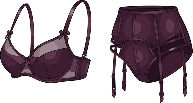 Purple lingerie set vector illustration featuring a lace bra and high waisted garter belt for fashion design