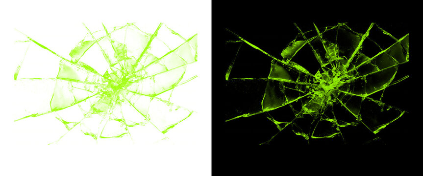 Green Glowing Broken Glass Texture and Shattered Screen Overlay on Black and White Background
