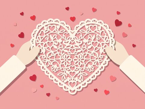 Hands holding a heart shaped lace doily with scattered hearts, Valentine's Day paper cut vector