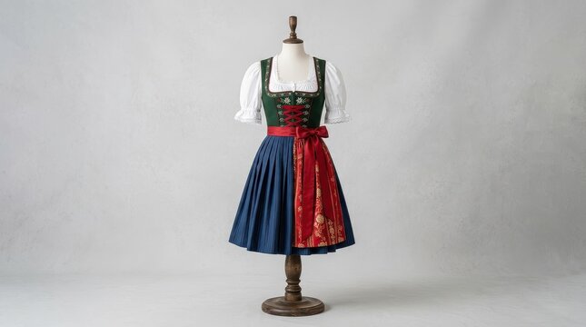Traditional Bavarian Dirndl Dress with Green Bodice and Blue Skirt on Mannequin for Oktoberfest and Cultural Festivals