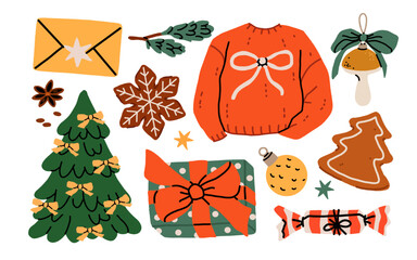 Fototapeta premium Christmas cozy collection with sweater, envelope, gingerbread, ornament tree and gift box. Flat cartoon hand drawn vector illustration.