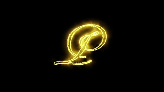 Glowing yellow gold letter P alphabet animation neon typography with alpha channel black background 4K