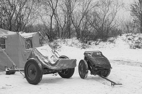German WWII Field Gun and Equipment Cart in Snow