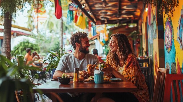 A couple sitting at a local restaurant enjoying authentic regional cuisine, surrounded by vibrant d&Atilde;&fnof;&Acirc;&copy;cor.