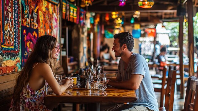 A couple sitting at a local restaurant enjoying authentic regional cuisine, surrounded by vibrant d&Atilde;&fnof;&Acirc;&copy;cor.