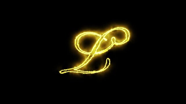 Glowing yellow gold letter L alphabet animation neon typography with alpha channel black background 4K