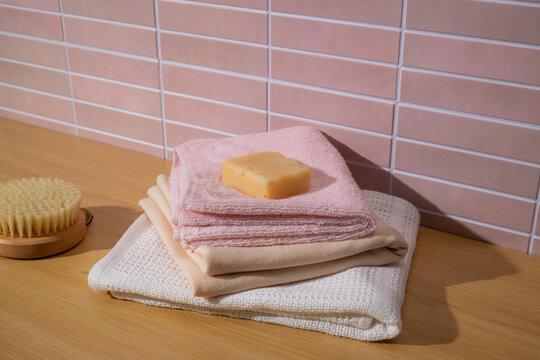 Spa Bath Accessories Stack on a wooden surface