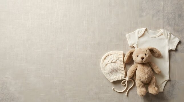 Baby bodysuit knitted hat and teddy bear on a textured background