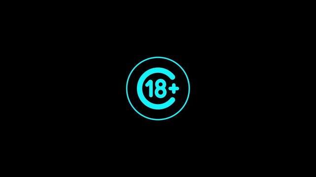 Neon cyan eighteen plus age restriction symbol isolated on a solid black background. Neon Blue 18+ Age Restriction Warning Symbol 
