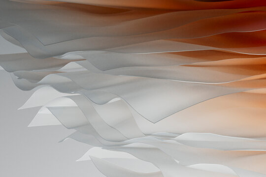 3D Render of Layered White and Orange Abstract Waves