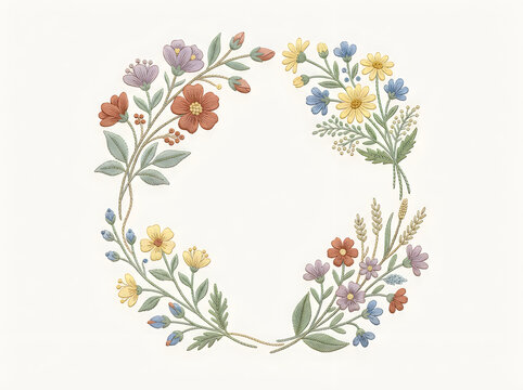 A beautiful watercolor floral frame features a delicate and charming arrangement of vibrant wildflowers and lush green foliage creating a square border