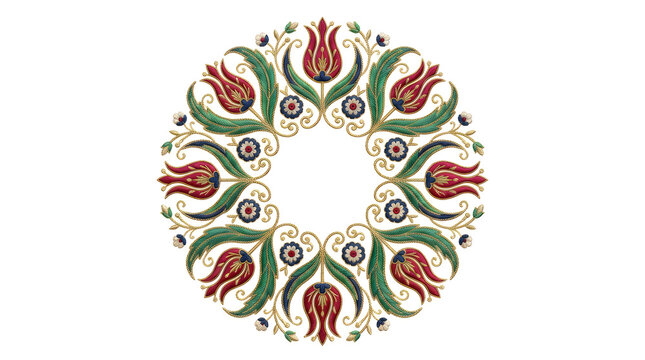 An exquisitely detailed ottoman iznik ceramic tile showcases beautifully rendered vibrant red tulips and richly colored lush green foliage arranged in a