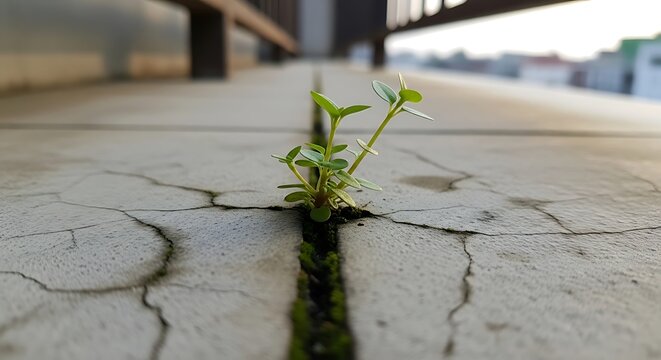 A small green plant growing through a crack in concrete floor.