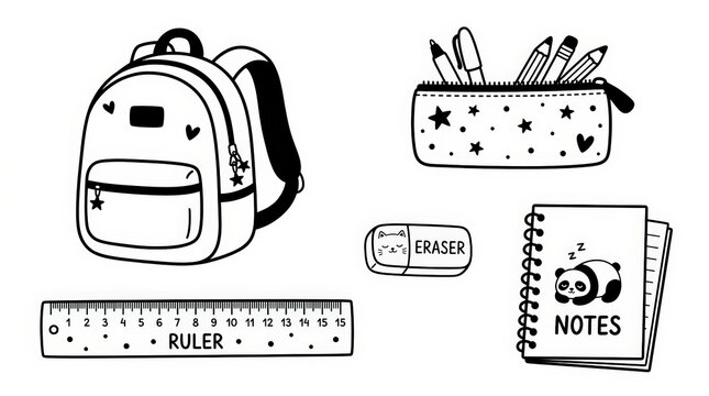 Cute school supplies collection with backpack pencil case ruler eraser and spiral notebook in black and white doodle line art coloring page style