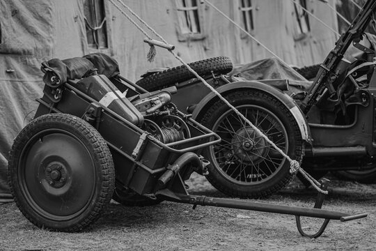 German Military Ammunition. German Infantry Cart Or Handcart Infanteriekarren IF8 And Canister Of World War WW II On Ground