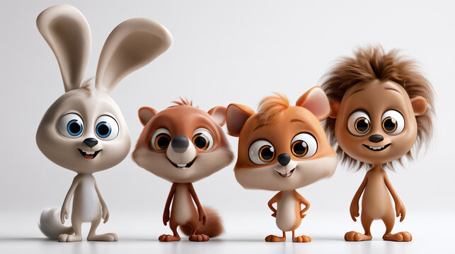 Group of cute cartoon animal friends standing together, smiling characters representing childhood, teamwork, and diversity