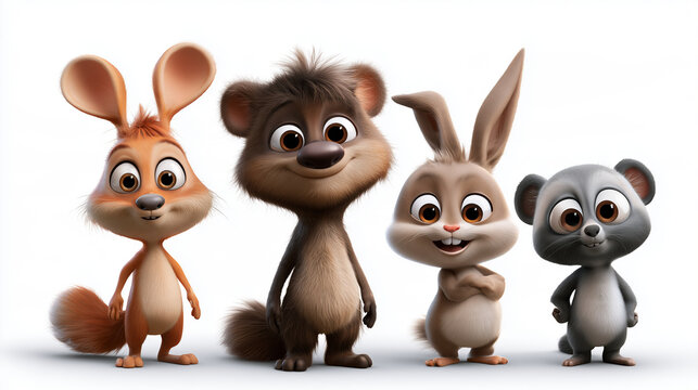 Four cute animated forest animal friends, a squirrel, bear, rabbit, and mouse, standing side by side, smiling