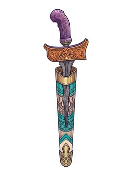 Traditional Indonesian Keris Dagger Illustration with Ornate Scabbard and Wavy Blade Isolated on White Background