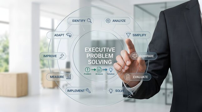 Circular diagram with problem solving keywords and a hand interacting with it