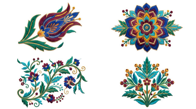 Four beautiful iznik ceramic tile designs display traditional ottoman floral motifs with incredibly intricate and detailed artistic patterns throughout each piece