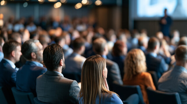 Conference audience listening to a speaker presenting at a business seminar, learning and networking at event