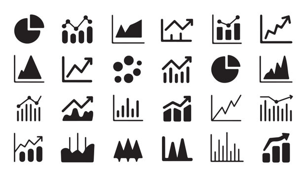 Various financial chart icons illustrate diverse data visualization for market analysis and business reports.