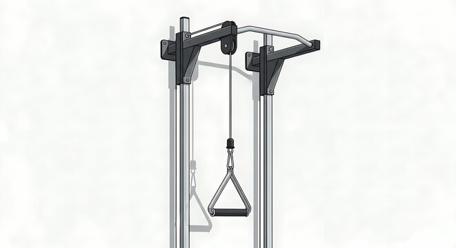 3D illustration of wall-mounted cable pulley machine with pull-up bar, functional fitness equipment for home gym strength training and bodybuilding on white background.