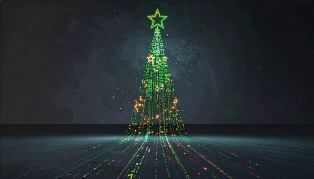 Futuristic tech Christmas concept with digital Christmas tree formed by green binary code and data lines with neon star