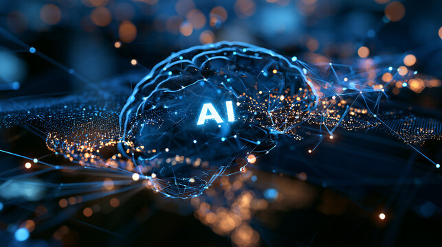 AI brain glowing with global network connections, representing machine learning, digital intelligence, and modern technology
