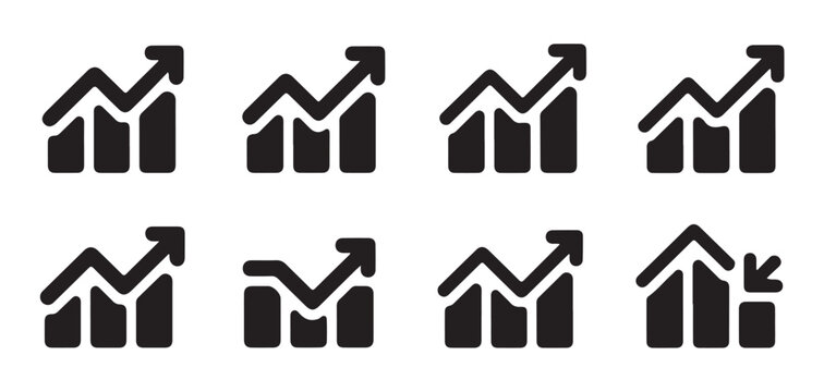 Diverse corporate progress and decline chart icons featuring standard rising graphs and one falling trend.