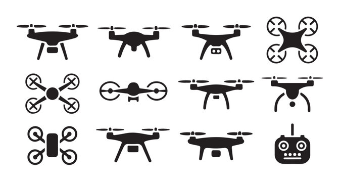 Black drone icons set featuring various quadcopter designs for modern tech applications.