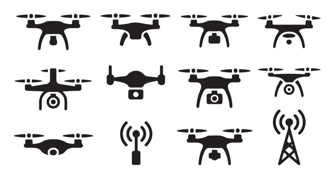 Black drone icons set with different quadcopter models for aerial imagery and tech.